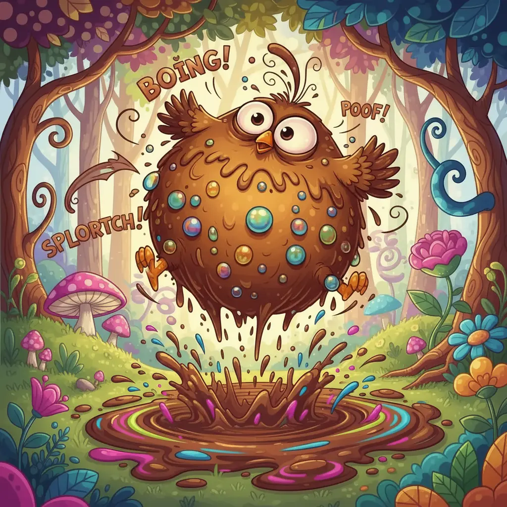 El Pájaro Dramático cae de golpe en un charco de lodo elástico, con una expresión de sorpresa.