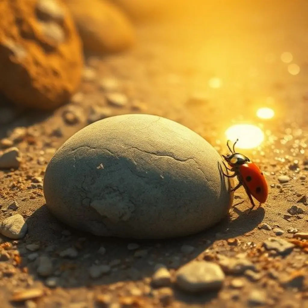 Rodolfo, un guijarro redondo, brillando bajo el sol mientras una mariquita se acerca.