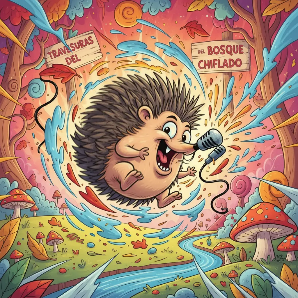 Un erizo redondo y borroso rueda a toda velocidad por un bosque lleno de colores vivos.