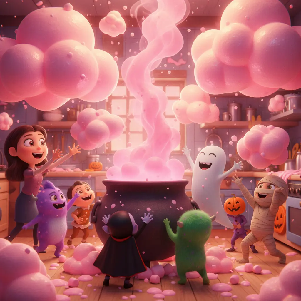 La cocina de Lila se llena de nubes de malvavisco rosas y dulces, mientras pequeños monstruos y niños disfrazados las persiguen y comen con risas pegajosas.