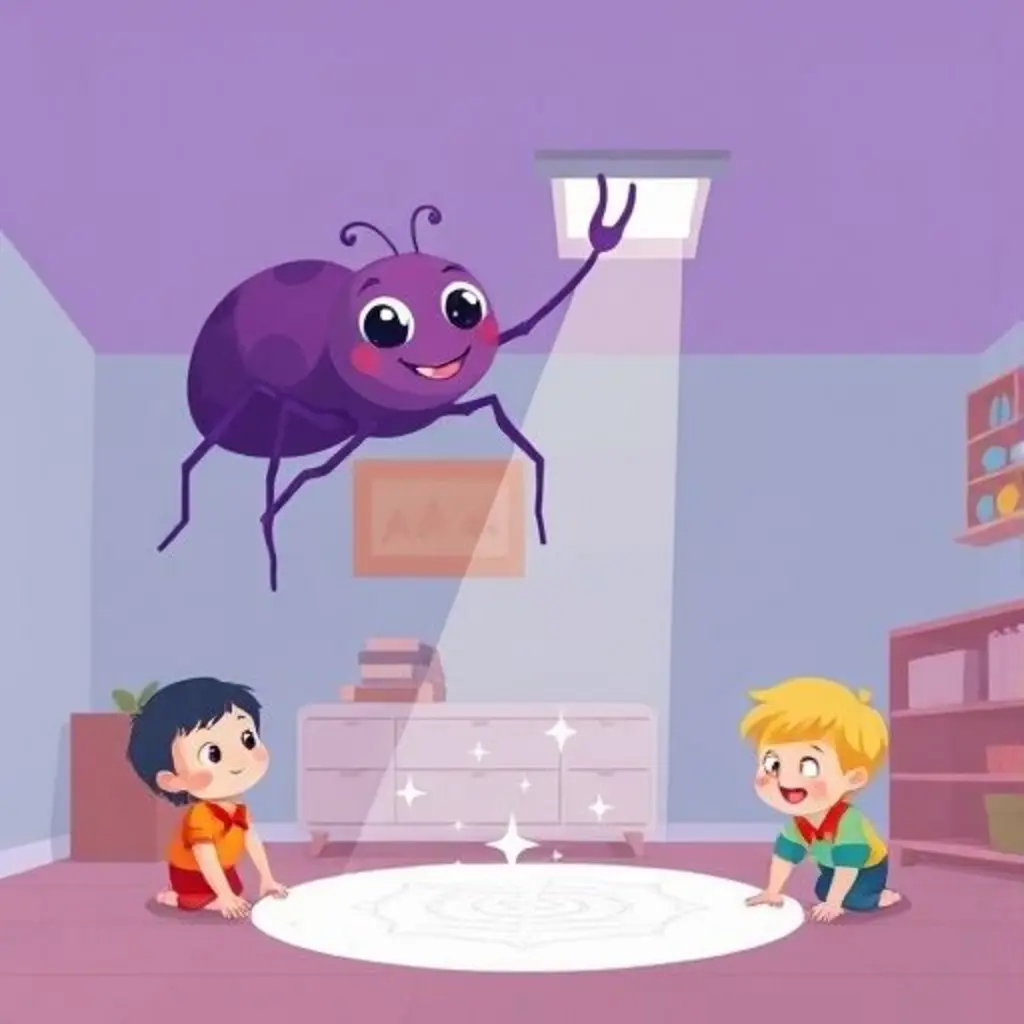 Telaraña teje un hilo brillante hacia un rayo de sol. Abajo, dos niños miran una luz misteriosa en el suelo.