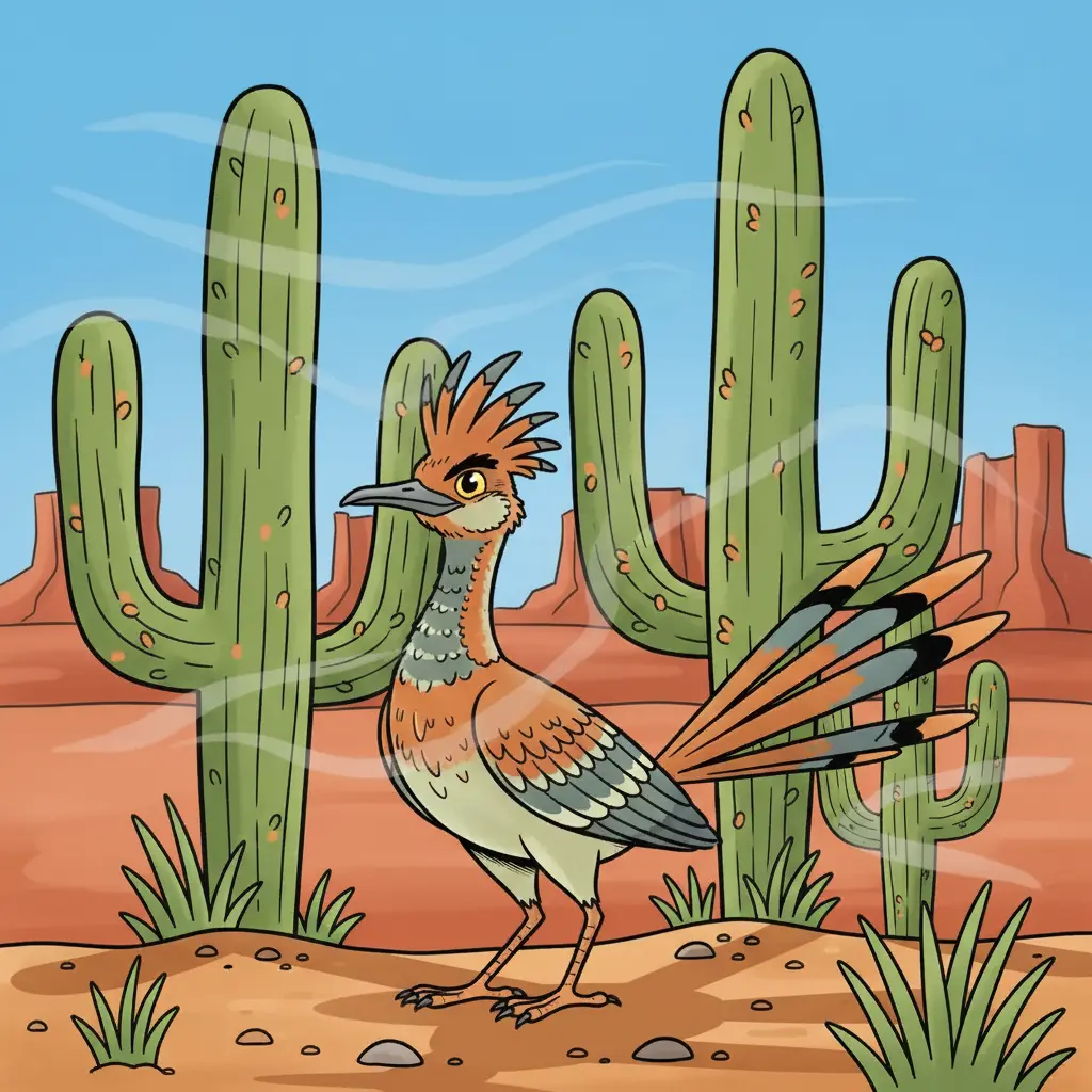 Un correcaminos con la cresta levantada observa el desierto bajo un sol radiante.