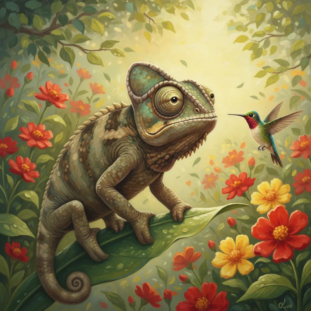 Coco, un camaleón de tonos tierra, mira asombrado a Chispita, un colibrí, volando entre flores rojas y amarillas bajo el sol de la mañana.