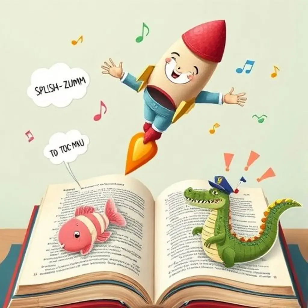 Curio vuela sobre un pez nube y un cocodrilo cartero, ambos haciendo ruidos divertidos.