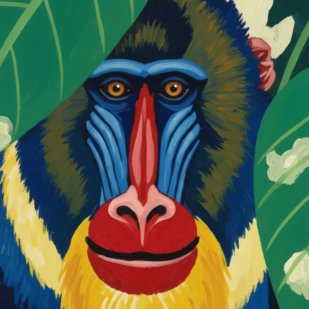 Primer plano del rostro de un mandril con rayas rojas y azules.