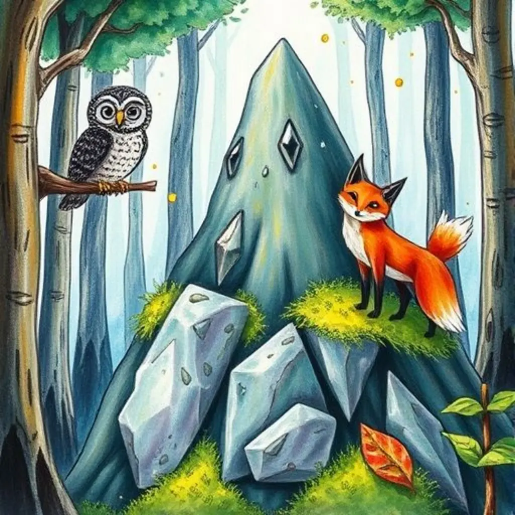 Gudolf revela un cristal mientras un búho y un zorro lo animan en el bosque.