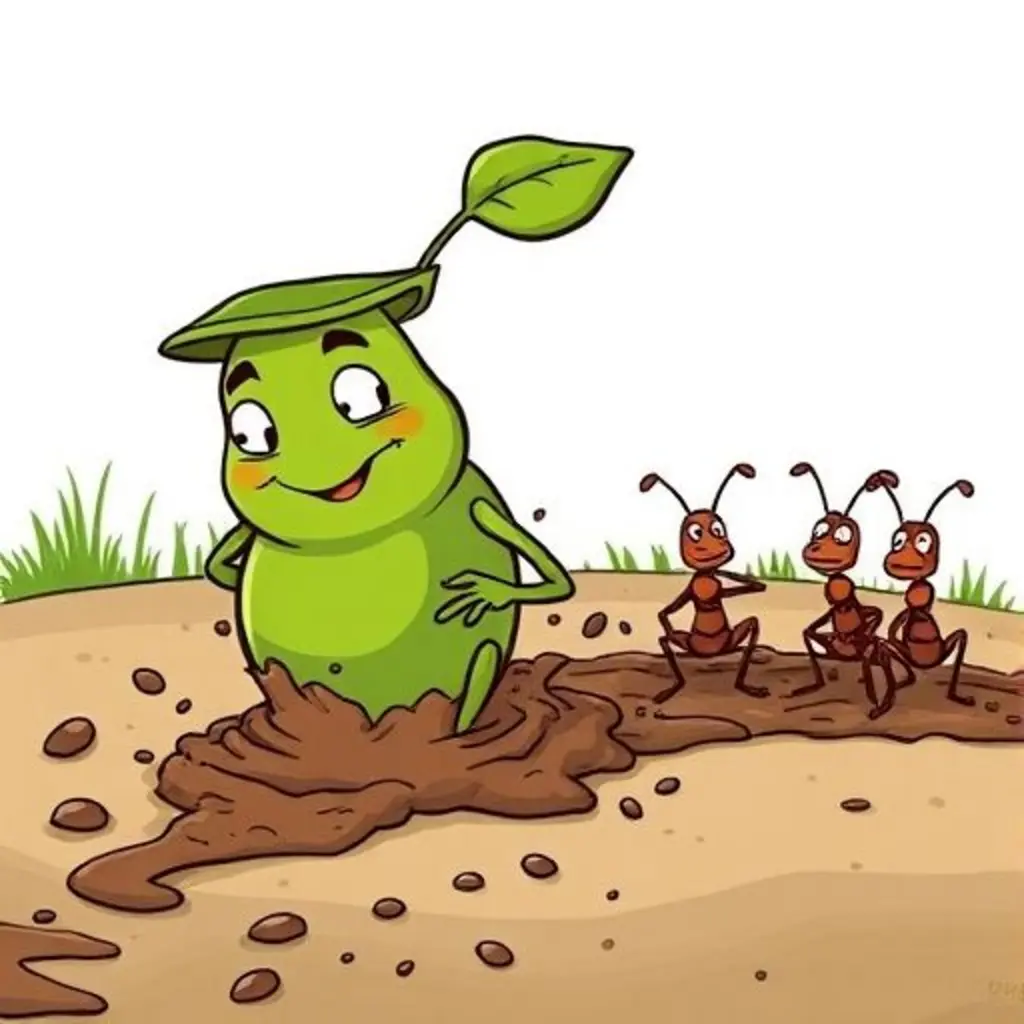 Pepito el guisante, cubierto de barro, se acerca a un grupo de hormigas perdidas que buscan su camino.