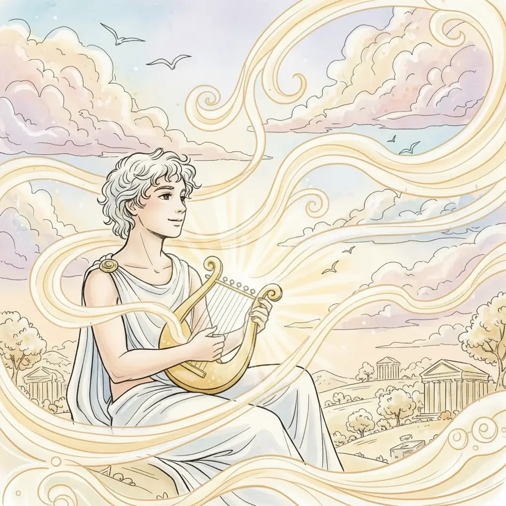 Apolo toca su lira, y los rayos del sol bailan al ritmo.