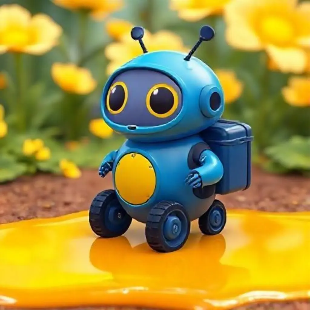 Rolo, el robot, atascado frente a un charco gigante de miel-rocío.