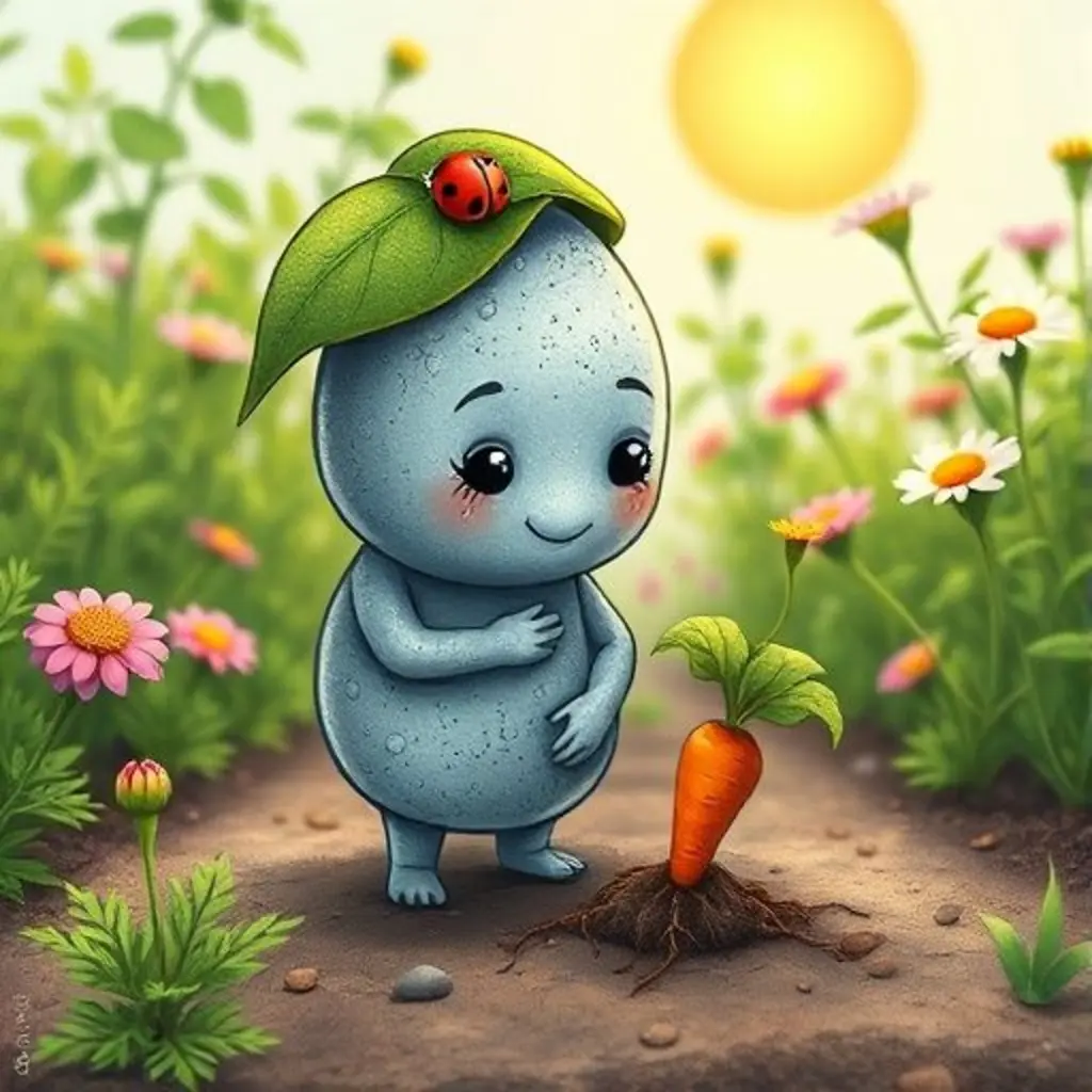 Relina, una piedrecita brillante, susurrando a una zanahoria en el huerto.