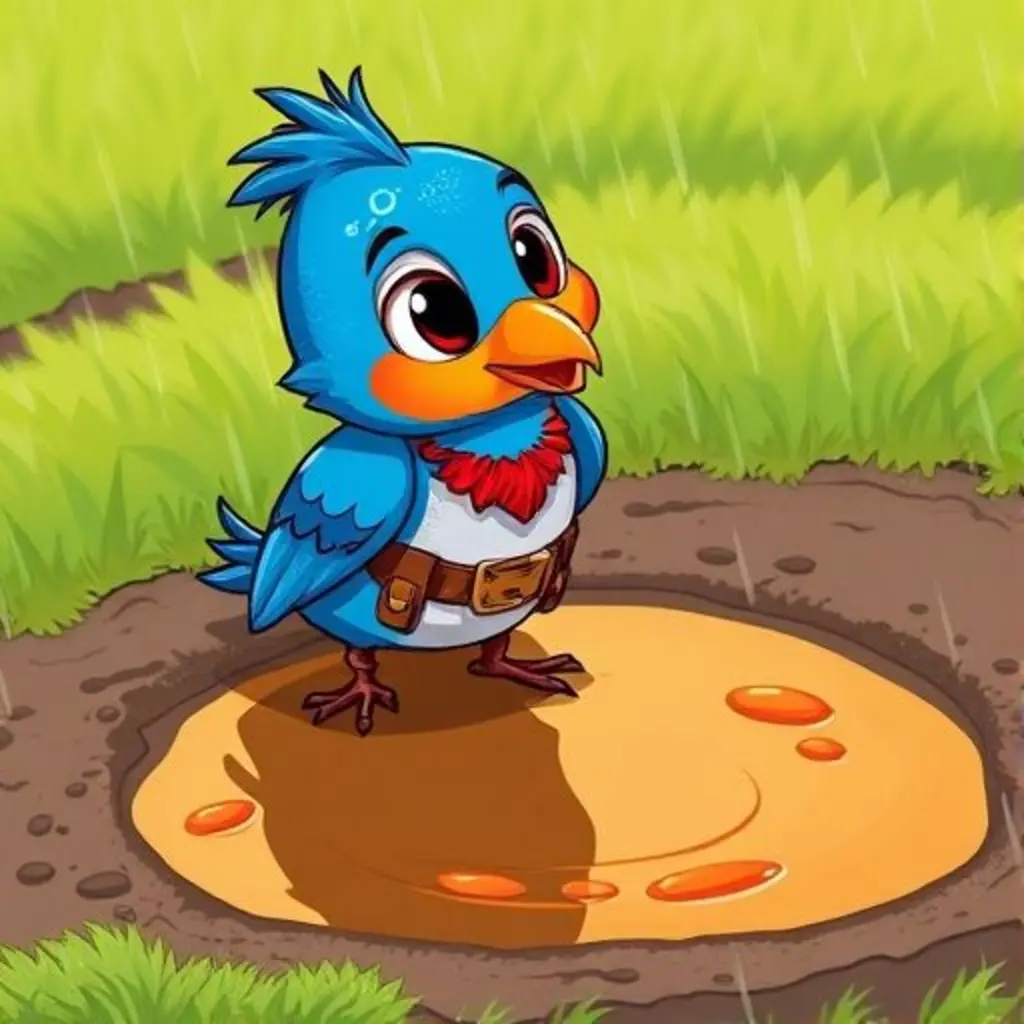 Barrito, un hornero azul, mira un charco de barro de colores después de la lluvia.