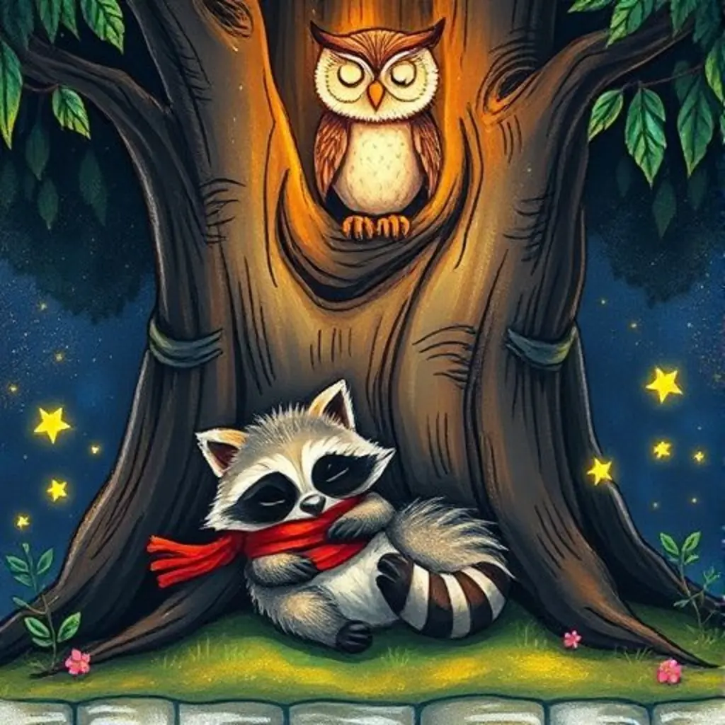 Pipín se acurruca mientras Plumasueño ilumina el bosque con su alegría.