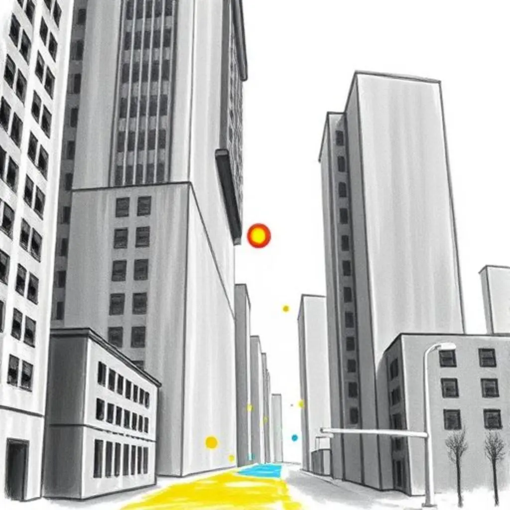 Un puntito de color rebotando en un edificio gris, dejando un toque de color.