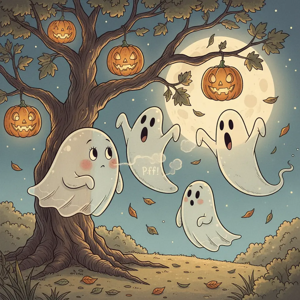 Gasparín, un fantasmita rechoncho, flota junto a sus amigos fantasmas que practican sustos, mientras él solo suspira un suave '¡Pfff!' bajo la luna.