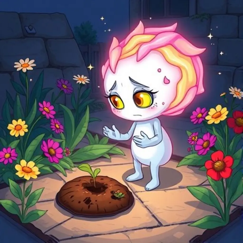 Gura, una espiral de luz, luce preocupado en un huerto escolar.