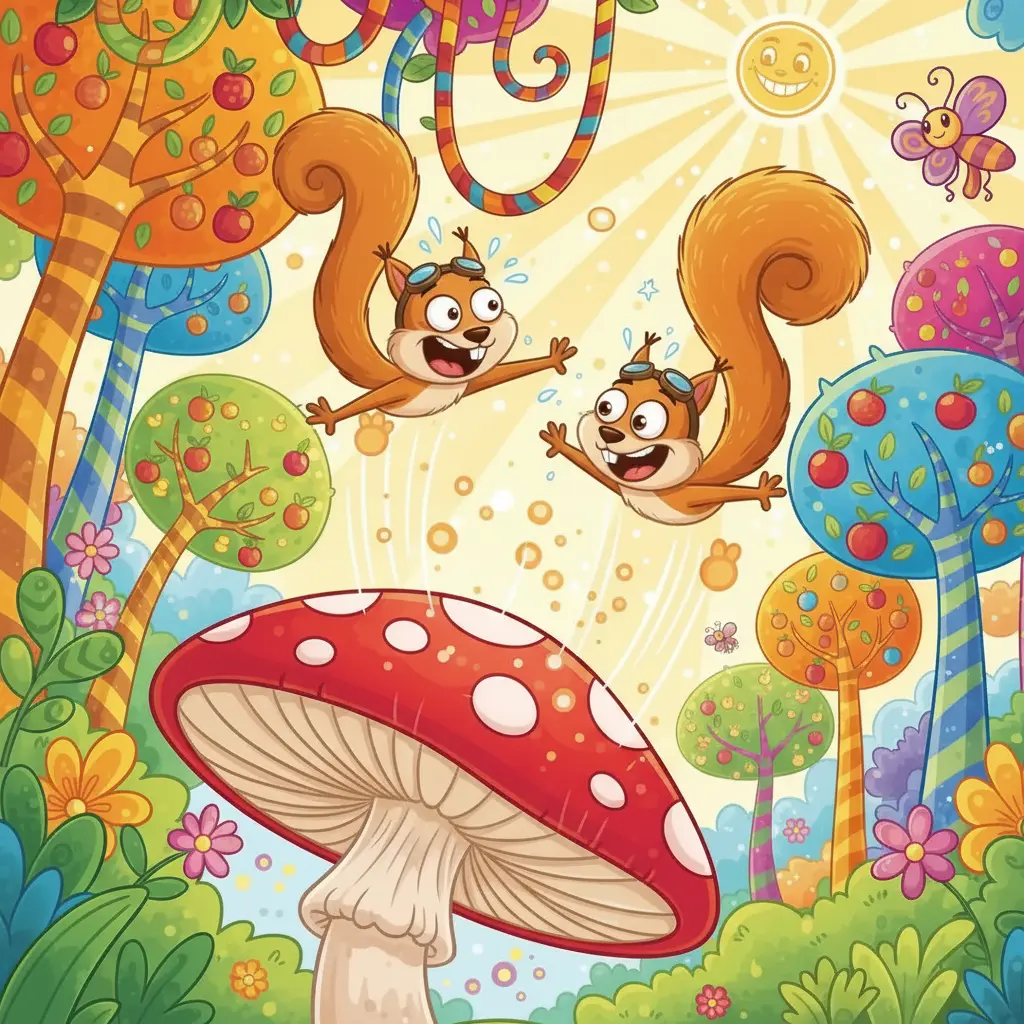 Las ardillas Pip y Zip rebotan con cuerpos elásticos y deformados.