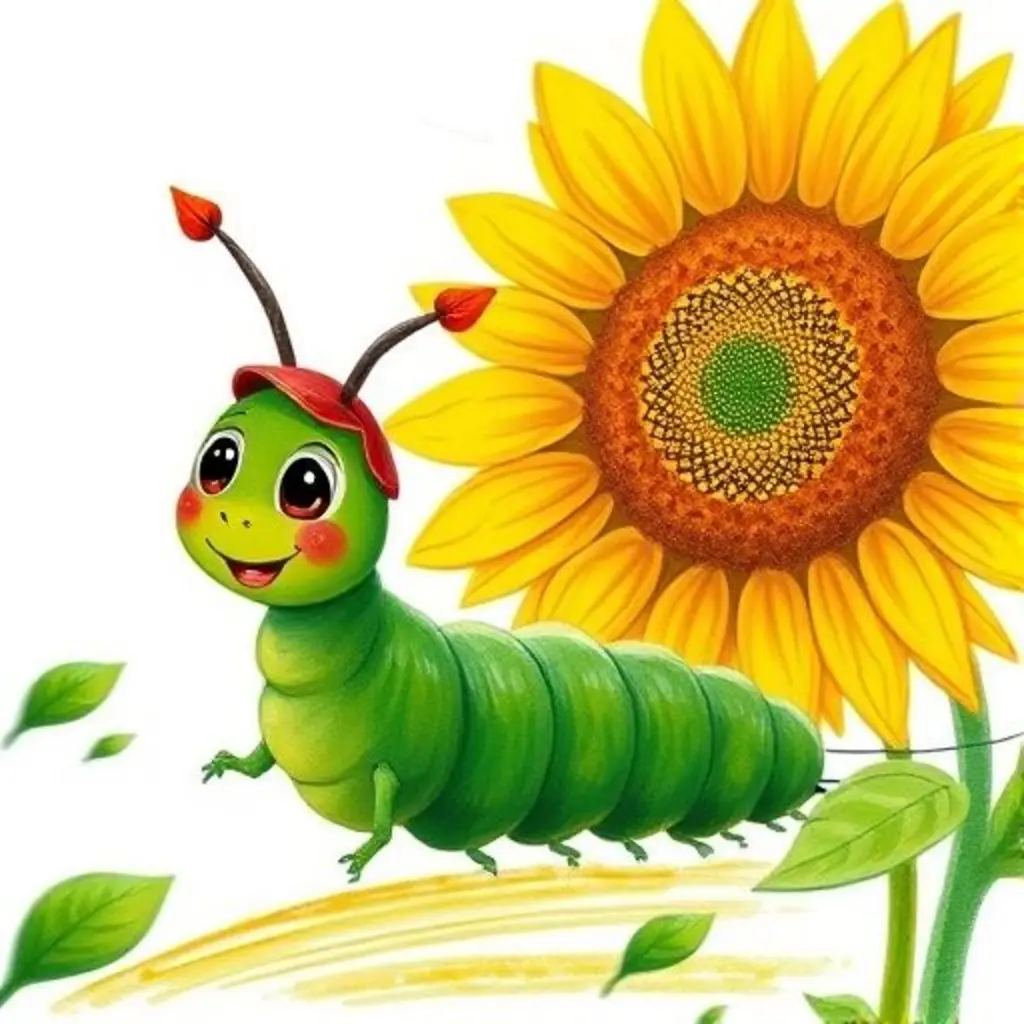 Rosita la oruga veloz pasa zumbando junto a un girasol sonriente.