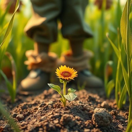 Un pequeño brote de girasol mira hacia Paja, el espantapájaros.