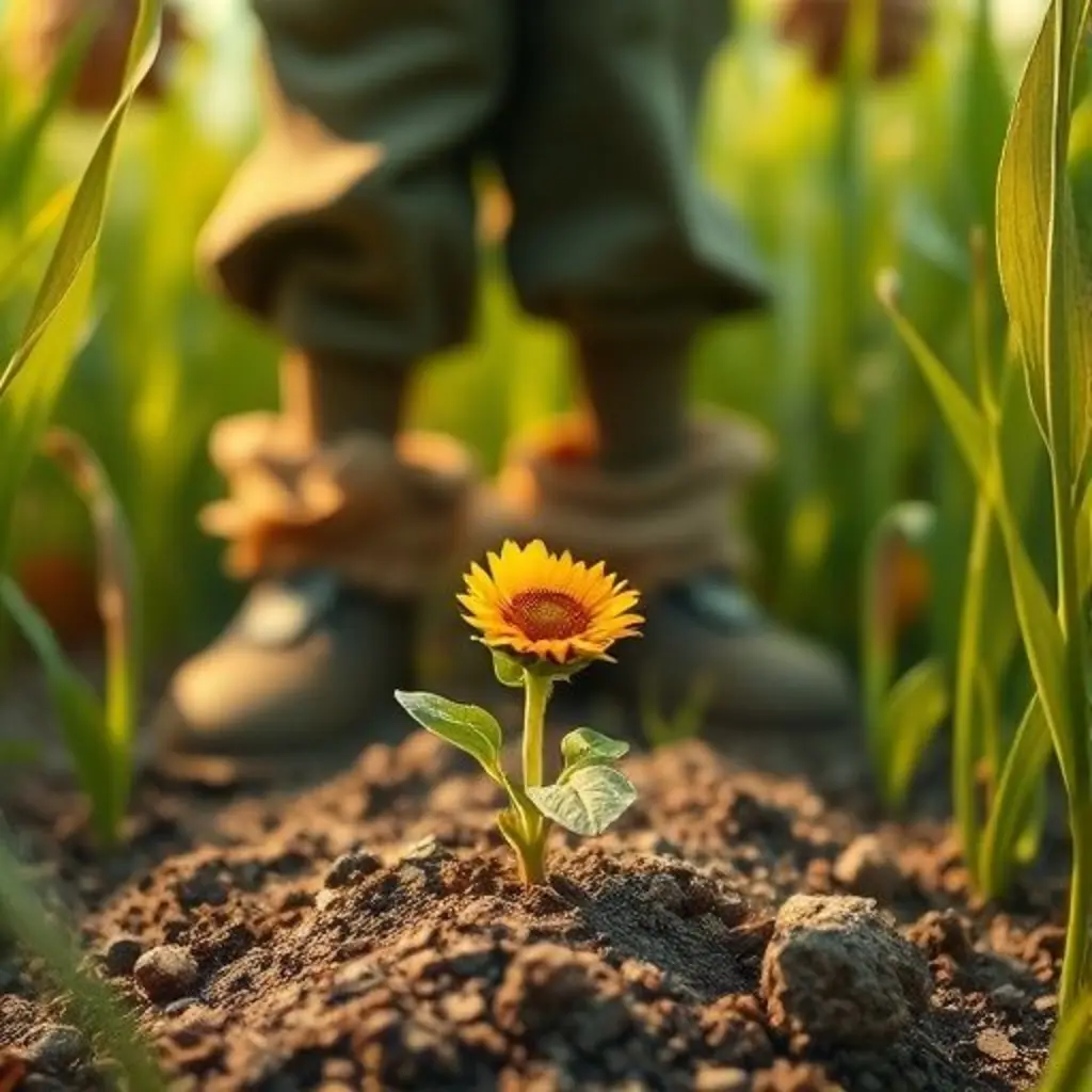 Un pequeño brote de girasol mira hacia Paja, el espantapájaros.