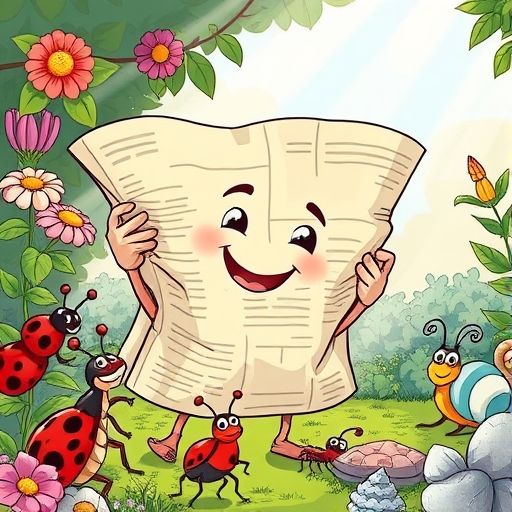 Noticias feliz contando historias a varios insectos sonrientes.