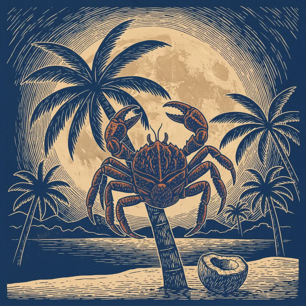 Cangrejo bajando del árbol hacia el coco en la arena.