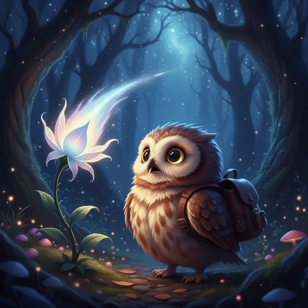 Nocturno, un búho pequeño y tierno, observa el bosque oscuro desde una rama, con sus grandes ojos llenos de curiosidad y un poco de miedo.