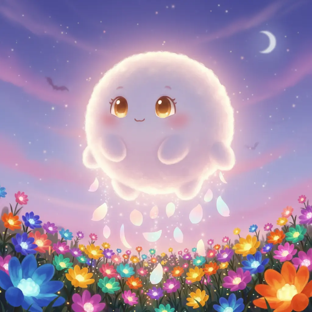 Nubecita Pétalo, feliz y realizada, flota sobre un jardín vibrante y lleno de flores recién creadas, que brilla con una luz mágica.