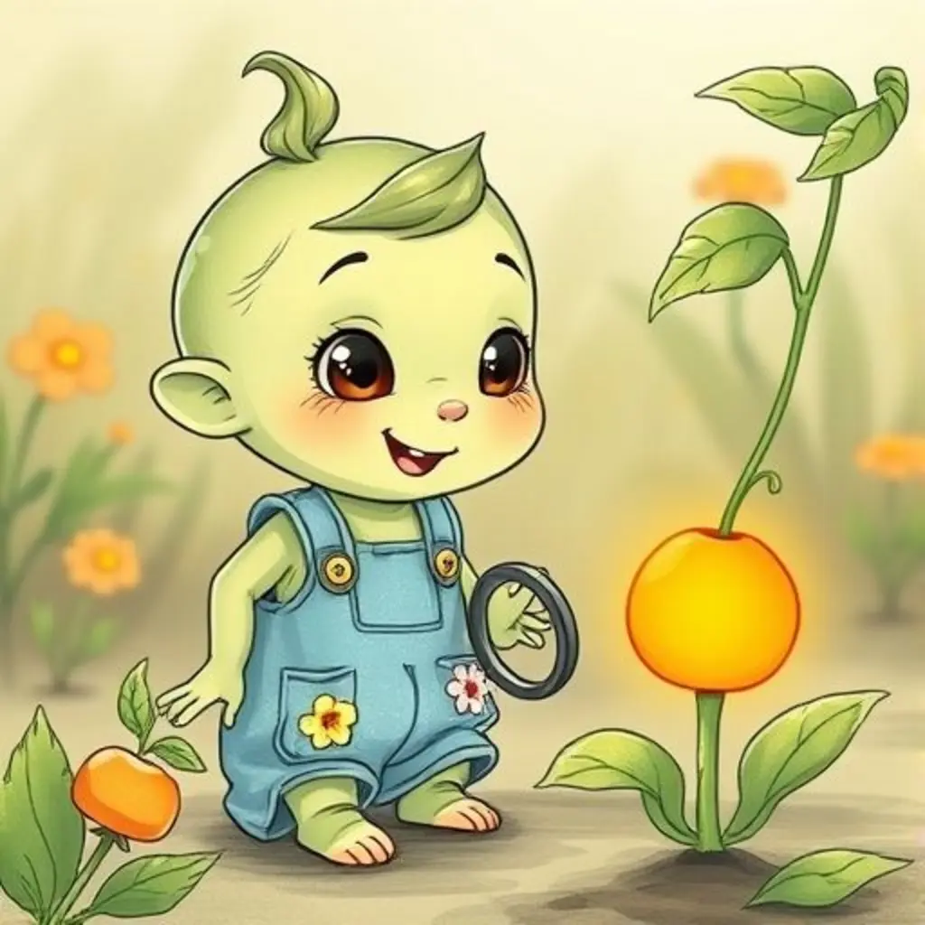 Kiki y la semillita sonríen junto a una fruta redonda y naranja.