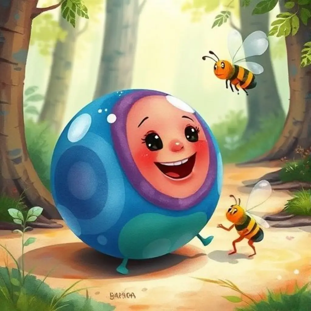 Gota Brillante, ahora una esfera multicolor, rueda con confianza mientras una abeja amistosa la mira.