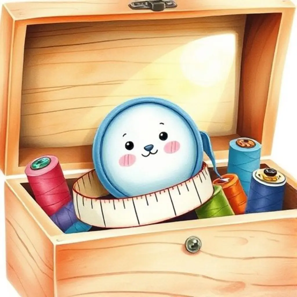 Centímetro, una cinta métrica de tela, en una caja de costura llena de hilos y botones.