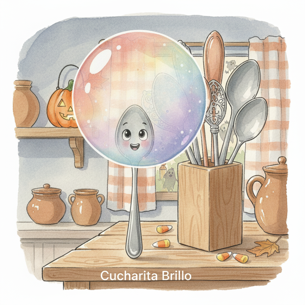 Una burbuja gigante y mágica se eleva, llevando a Cucharita Brillo en su interior.