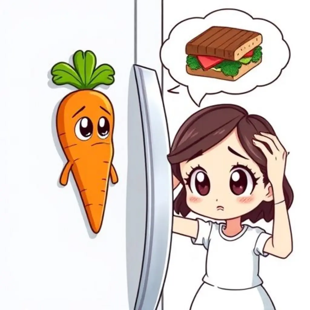 Pegote el imán zanahoria se ve dudoso mientras Luna se rasca la cabeza, confundida por una idea de sándwich disparatada.