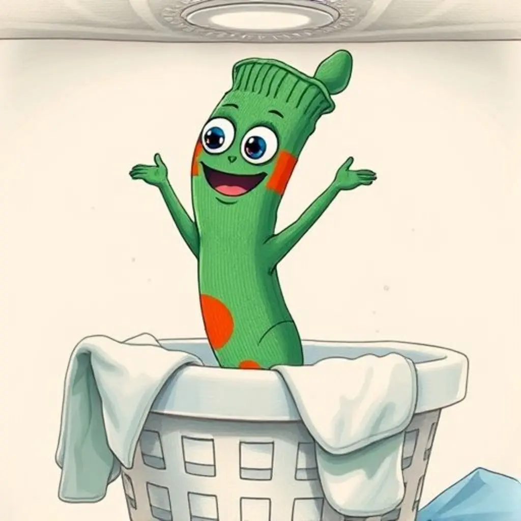 Saltarín, un calcetín verde, salta muy alto del cesto de ropa.