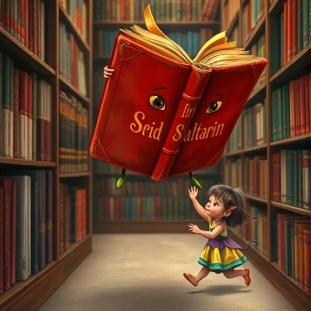 Libro Saltarín cae del estante mientras una niña llamada Lila lo mira con sorpresa.