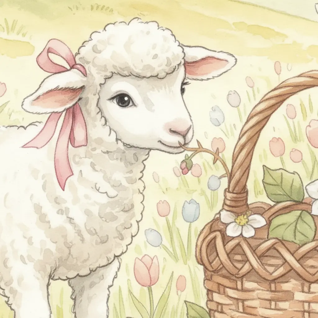 La ovejita intenta alcanzar con su boca el asa de una cesta atrapada en un arbusto espinoso.