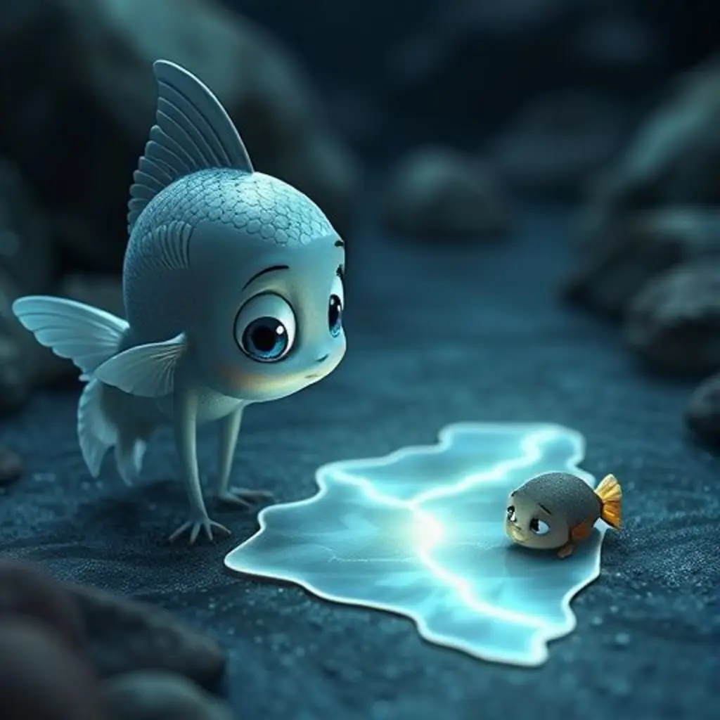 Un pececito cansado le pide ayuda a Chispita, quien mira su mapa de sueños brillante.