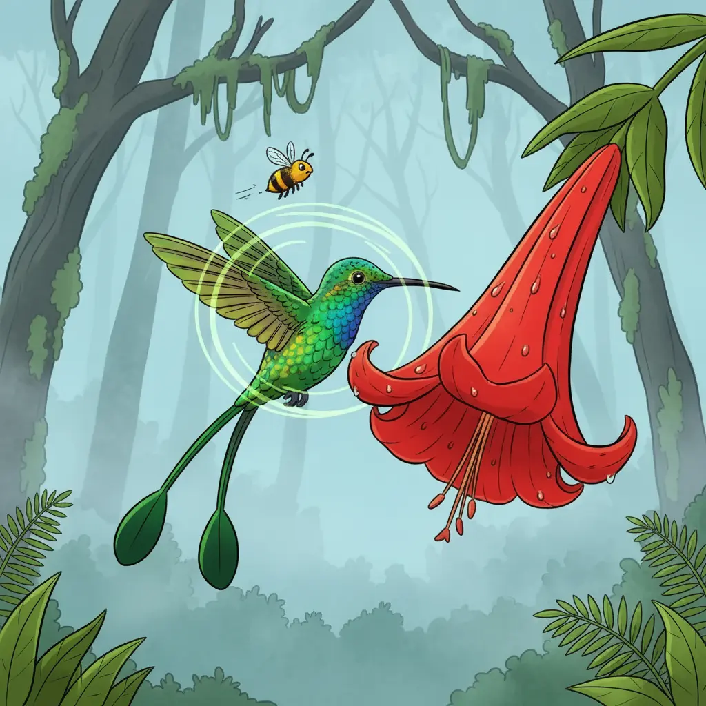 El colibrí batiendo sus alas tan rápido que se ven como un círculo borroso frente a la abeja.