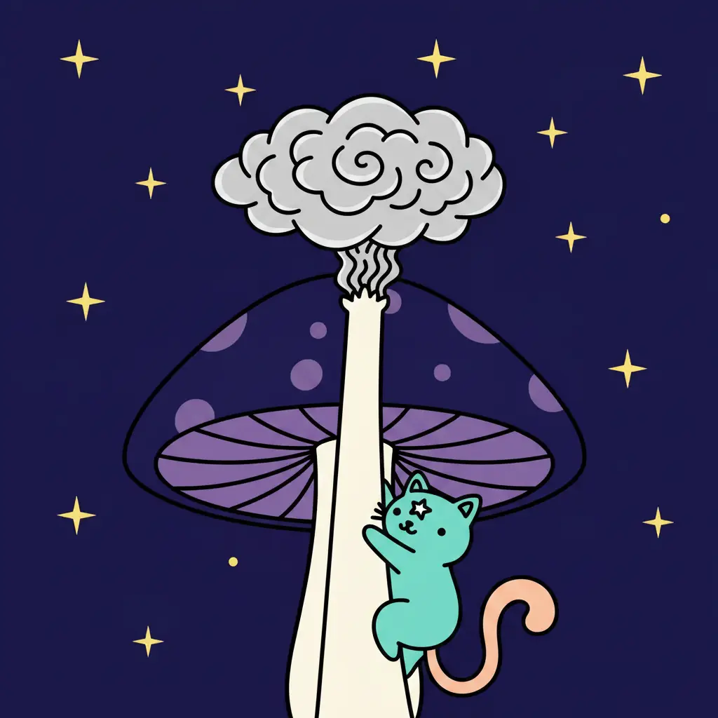 Tabi trepando por un hongo alto hacia una nube de niebla plateada.