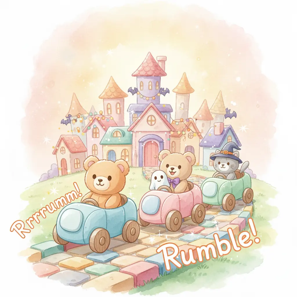 Centavito, la Rueda Principal, lidera un alegre desfile de carritos de peluche por la ciudad de juguetes.