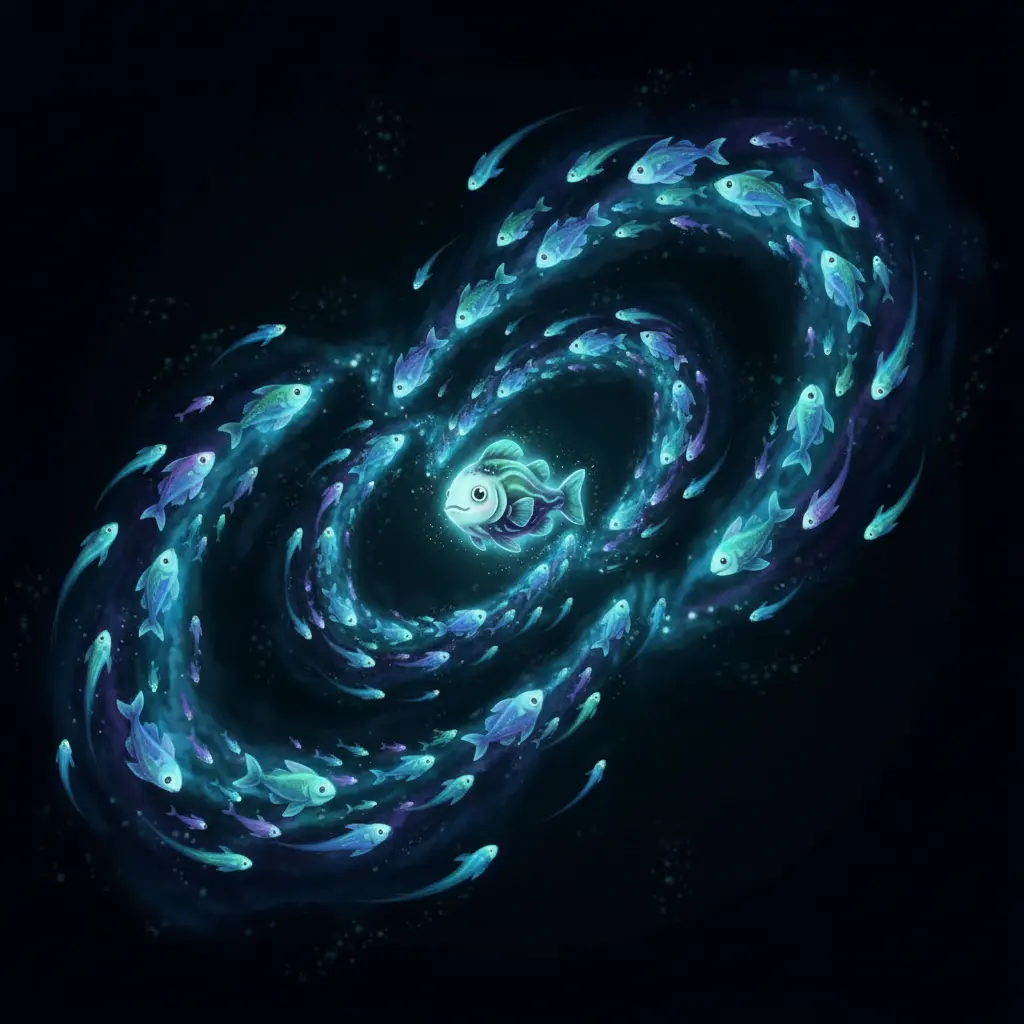 Una galaxia submarina de estrellas de mar fugaces rodea a Luminaria, siguiendo el ritmo de su corazón.