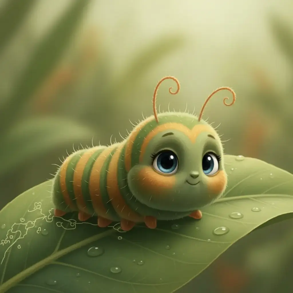 La oruguita Comilona deja un caminito mientras se mueve por la hoja.