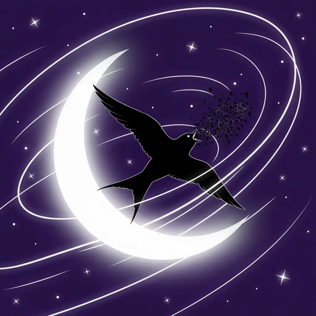 Silueta de un vencejo con el pico abierto atrapando insectos en el aire bajo las estrellas.