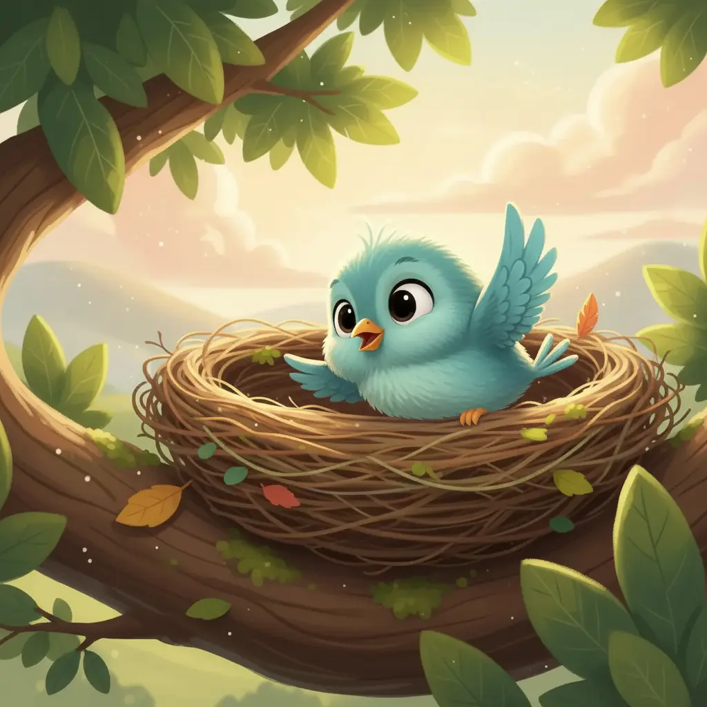 Alitas, un pajarito pequeño, estira su ala en el nido.