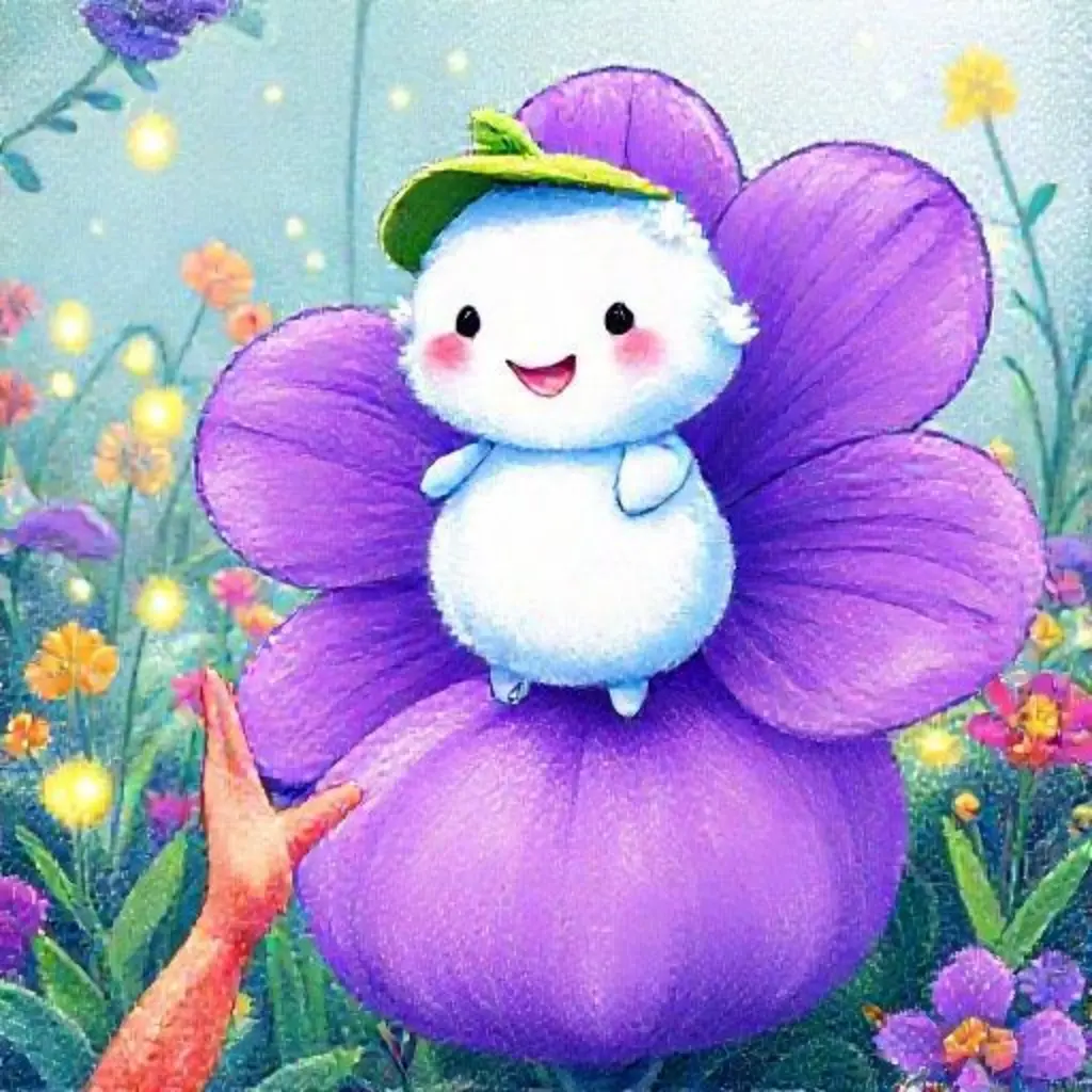 Coco, una criatura de nube con sombrero de hoja, salta en una flor brillante en un jardín mágico.