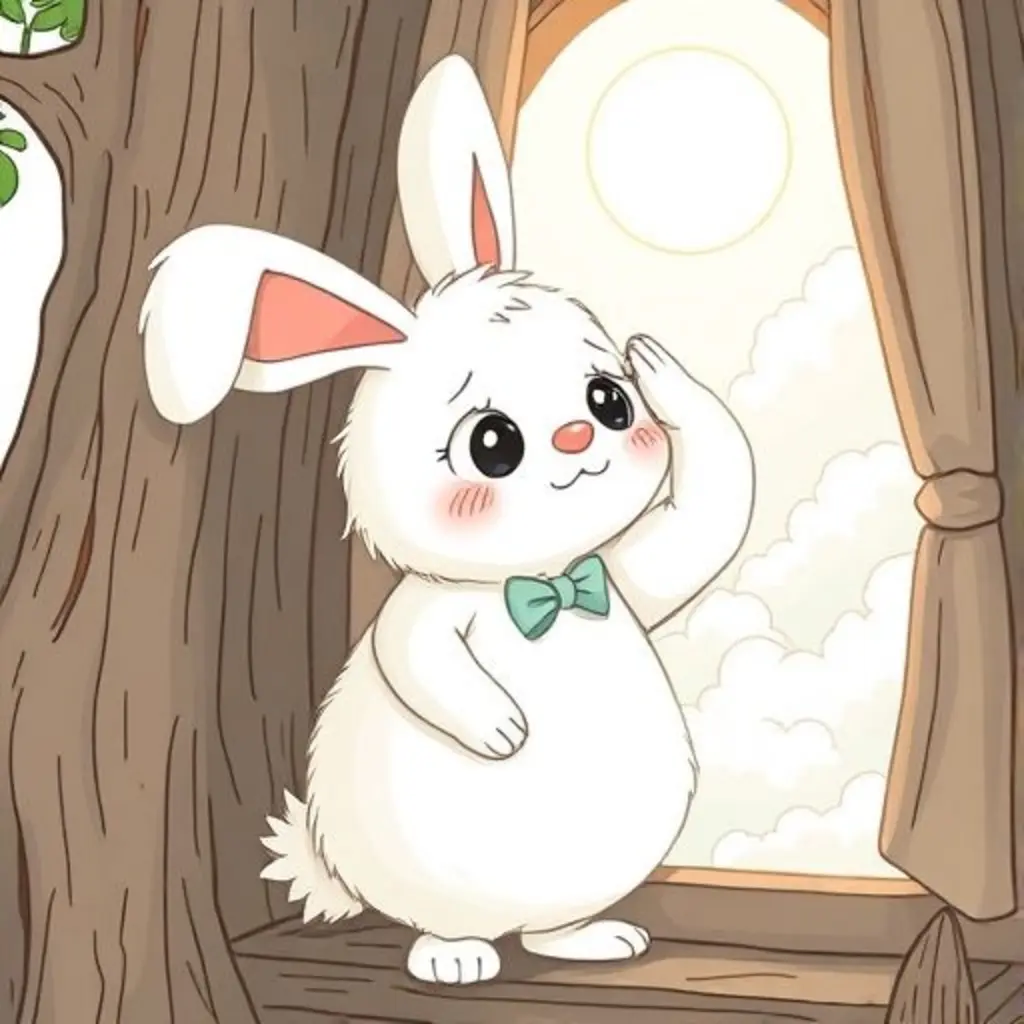 Tedino, el conejito-nube, mirando las nubes desde su casa de árbol, con una expresión preocupada.