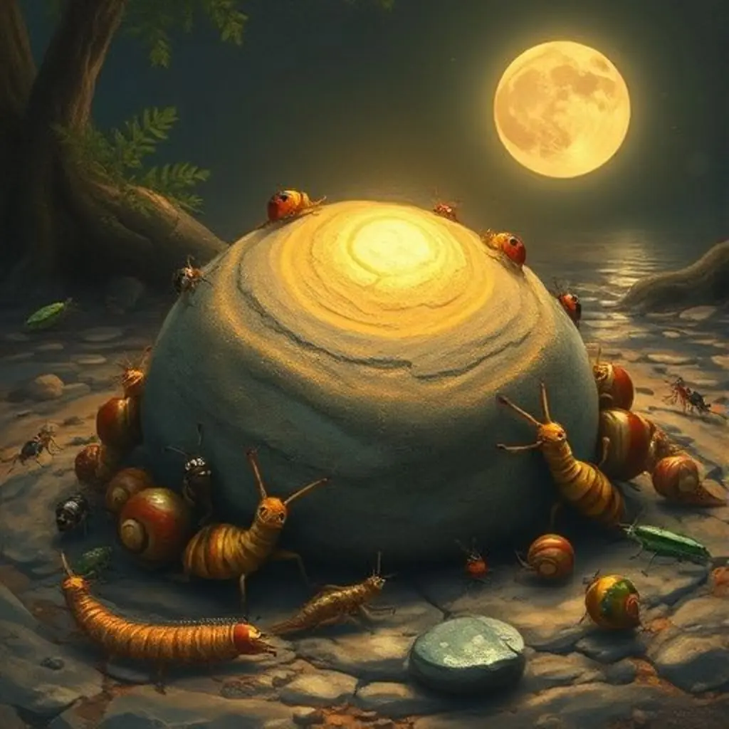 Rodolfo, el guijarro mágico, rodeado de una comunidad feliz de insectos calentitos bajo la luz de la luna.