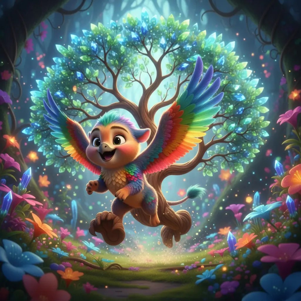 El grifo y el árbol corren a toda velocidad por el bosque encantado.