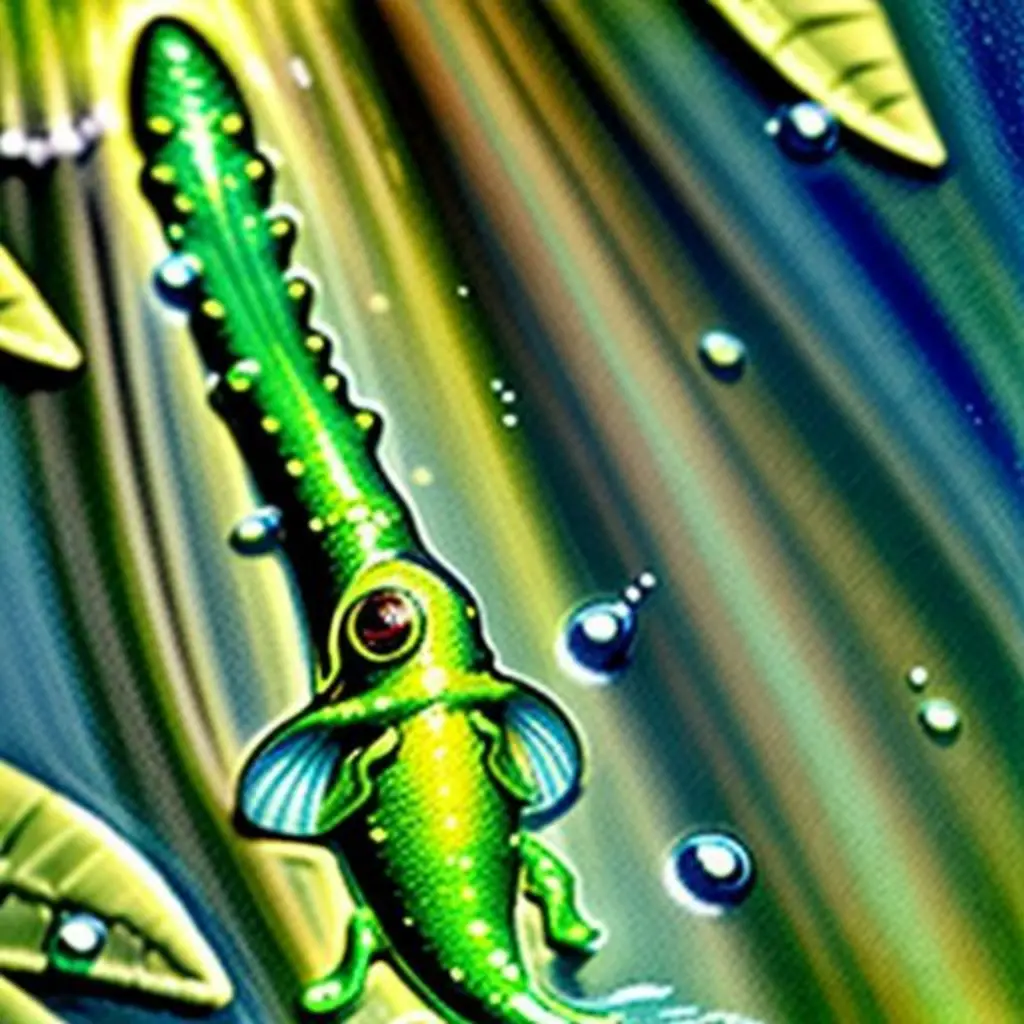 Chapoteo, un renacuajo verde, mira burbujas subir en un estanque soleado.