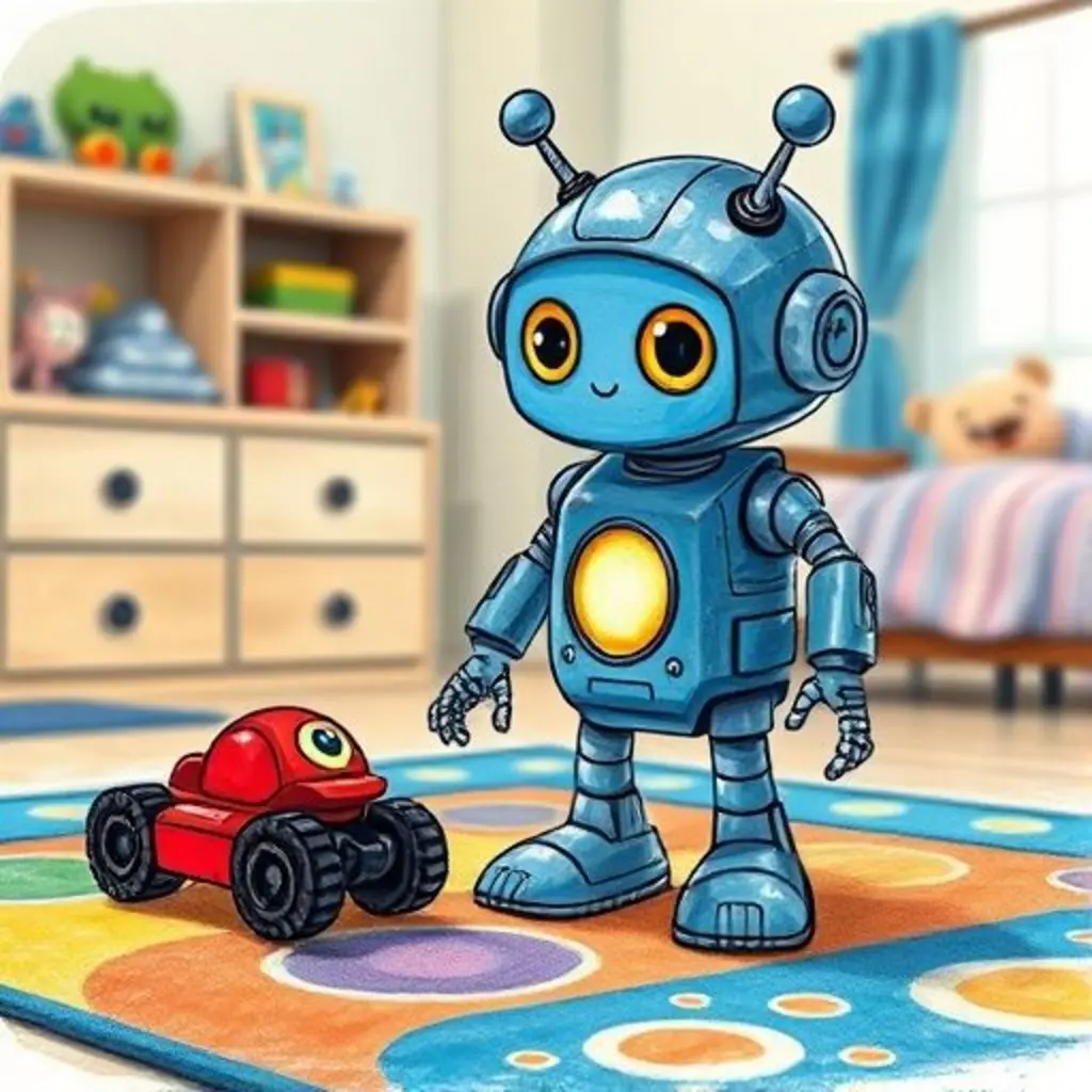 Robotín el robot mira un coche de juguete