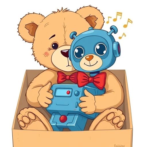 Miel, el oso de peluche, frotándose con éxito contra un robot que canta una canción de cuna y brilla.